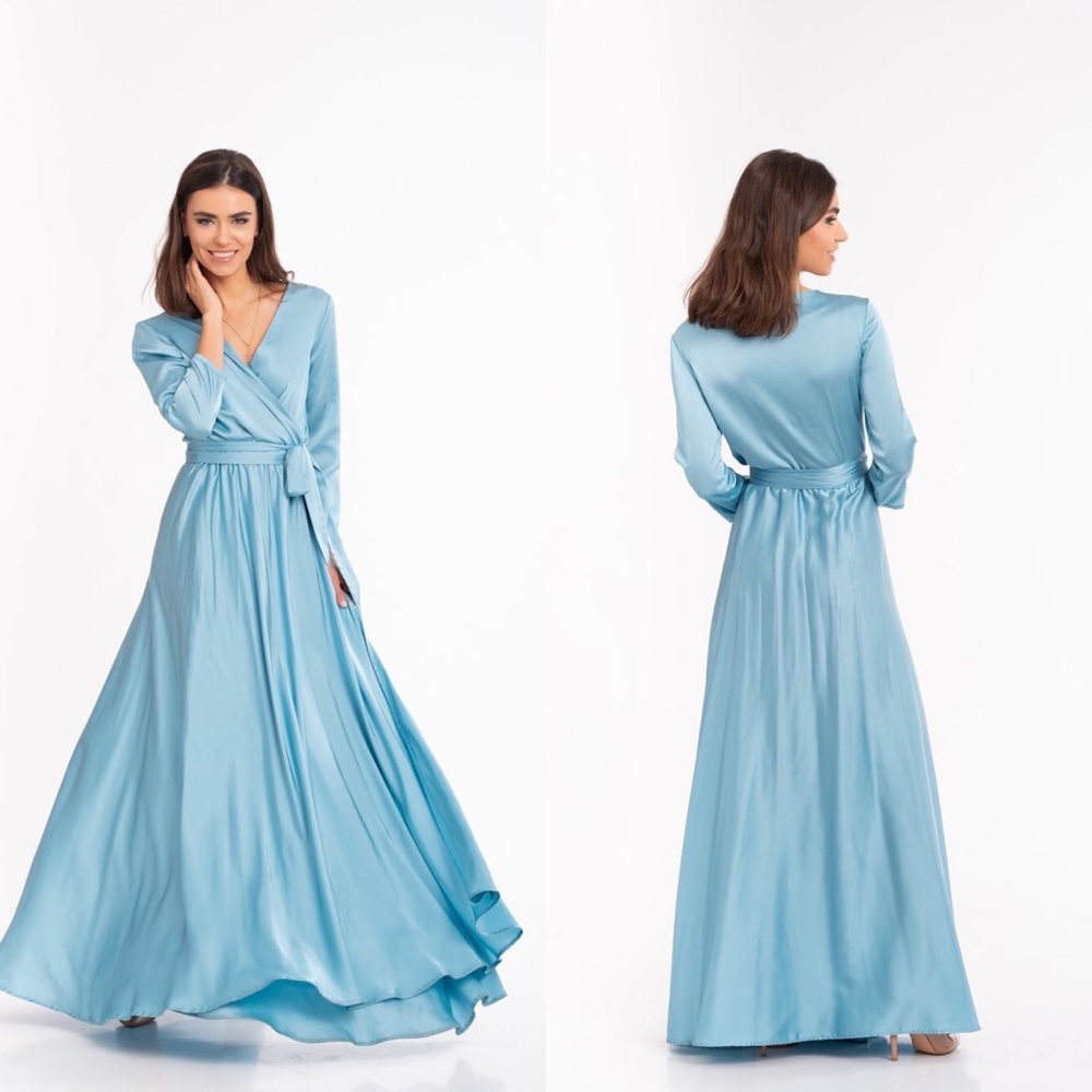❗️NEW❗️Sky Blue Bridesmaid Silk Wrap Maxi Dress